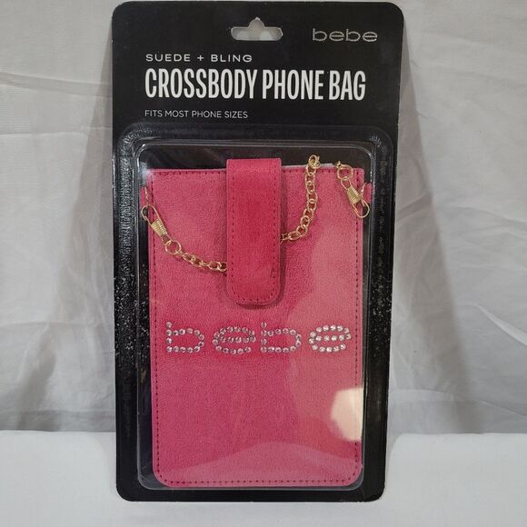 BEBE pink suede bling phone bag crossbody NIB - Picture 1 of 5
